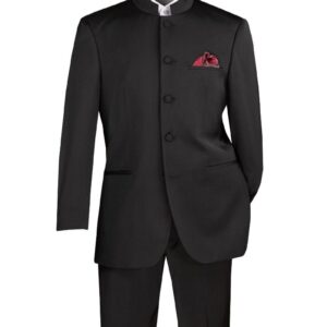 Black Nehru suit with red pocket square