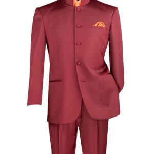 Maroon mandarin-collar suit with orange pocket square