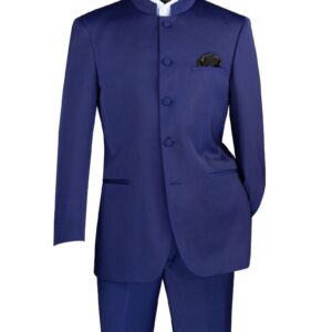 Blue mandarin-collar men's suit on mannequin