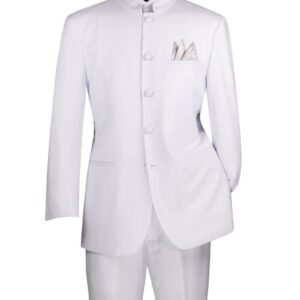 White mandarin-collar suit with pocket square