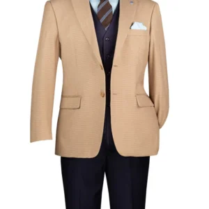 Men's tan blazer with navy suit