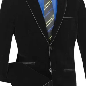 Black velvet blazer with blue shirt and tie