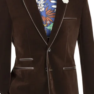 Brown velvet blazer on mannequin with floral shirt