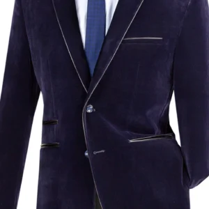 Men's navy velvet blazer, white shirt, blue tie