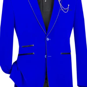 Electric blue men's blazer with lapel chain
