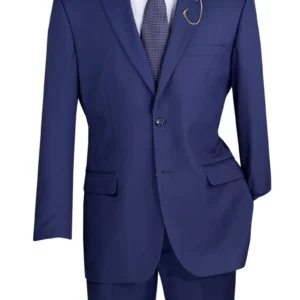 Navy men's suit with patterned tie on mannequin