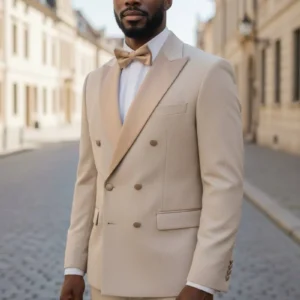 Man in beige tuxedo on cobblestone street