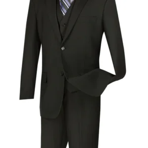 Men's three-piece black suit with striped tie
