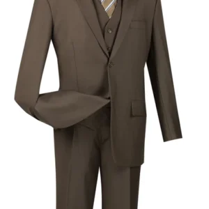 Brown three-piece men's suit with striped tie