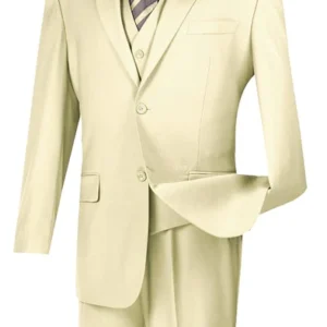 Cream three-piece men's suit with striped tie