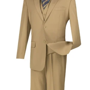 Tan three-piece men's suit with striped tie