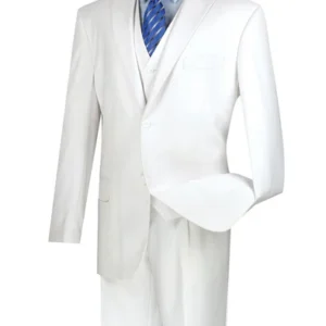 White three-piece men's suit with blue tie