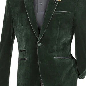 Dark green velvet blazer with feather boutonniere