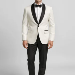 Man in white tuxedo jacket, black bow tie