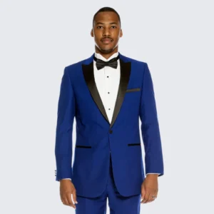 Man in blue tuxedo with black bow tie