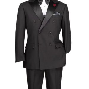 Double-breasted black tuxedo with bow tie
