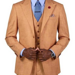 Smiling man in tan three-piece suit
