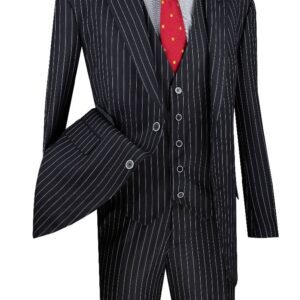 Men's black pinstripe three-piece suit with red tie
