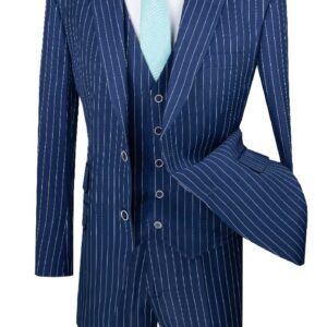 Navy blue pinstripe three-piece suit