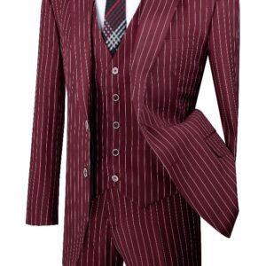 Burgundy pinstripe three-piece suit on mannequin
