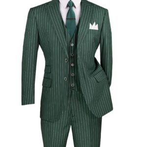 Green pinstripe three-piece suit on mannequin