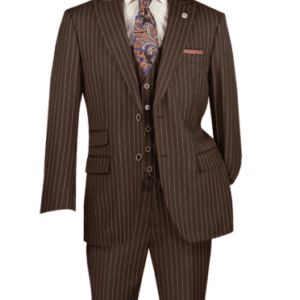 Brown pinstripe three-piece suit with paisley tie